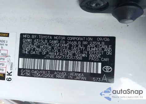 2007 Toyota Camry Le from USA, damaged, VIN JTNBE46K773057388